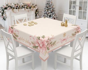 Mahjong Christmas Tablecloth Square, Pink Poinsettia Holiday Table Cover, Grandmillennial Game Night Hostess Gift