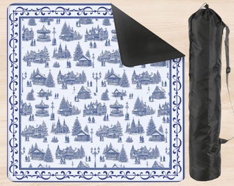 Christmas Mahjong Mat, Vintage Blue White Engraved Holiday 33x33, Square Mat with Storage Bag, Mahjong Gift
