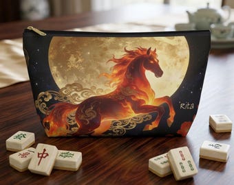 Mahjong Tile Bag, Year of the Fire Horse 2026 Travel Case for Tiles, Personalized Mahjong Gift for Women, Zip Pouch
