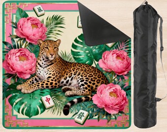 Mahjong Mat Pink Leopard, Preppy Chinoiserie Game Mat 33x33, with Storage Bag, Mahjong Gift for Her