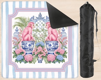 Pink Monkey Mahjong Table Mat with Storage Bag, Preppy Chinoiserie Square 33 Inch, Hostess Gift for Mahj Player