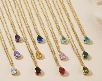 Gold Plated Stainless Steel Birthstone Necklace: Teardrop Pendant
