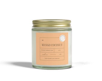 Świeca zapachowa Mango Kokos: wegański wosk kokosowo-morelowy, wystrój tropikalny