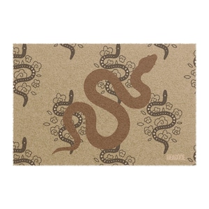 May include: A rectangular doormat with a repeating pattern of snakes and floral designs. The central snake is a solid brown, while the other snakes are a darker brown. The background is a tan color.