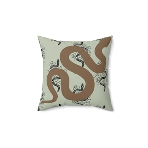 Sneaky Snake Home Decor Pillow, Green and Brown Square Pillow, Reptile Throw Cushion, Serpent Lover Gift, Unique Animal Print Accent