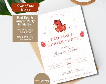 Year of the Horse | Red Egg and Ginger Invitation | Chinese 100 Days | Full Moon Party | Zodiac Baby | Custom Digital Invite | Printable