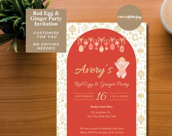 Minimalist Red Egg and Ginger Baby Invitation | Modern Korean Chinese 100 Days | Full Moon Party | Personalized Custom Digital | Printable