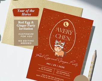 Horse Zodiac Red Egg and Ginger Invitation | Traditional Chinese Red Gold Baby 100 Days | Full Moon | Custom Digital Invite | Printable