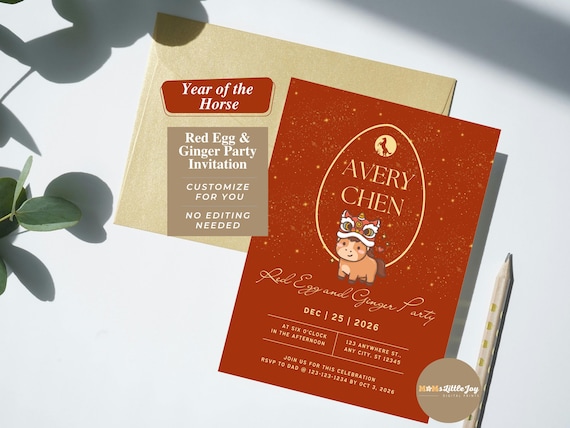 Horse Zodiac Red Egg and Ginger Invitation | Traditional Chinese Red Gold Baby 100 Days | Full Moon | Custom Digital Invite | Printable