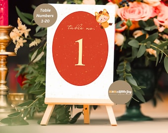 Cute Horse Baby Red Egg Ginger Table Numbers (1-20) | Modern Red Gold Chinese 100 Days Celebration | Asian Baby Shower Decors | Printable