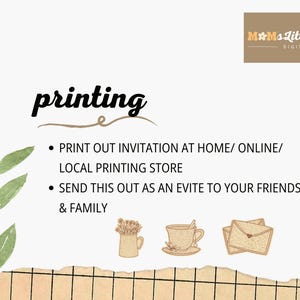 May include: A digital print design with the word "printing" in a script font. Instructions include printing invitations at home, online, or at a local store, and sending them as invites. The image includes illustrations of a vase, teacup, and envelopes.
