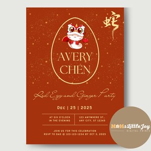 May include: A red and gold invitation for a "Red Egg and Ginger Party" with the name "Avery Chen" in a gold egg-shaped design. The invitation includes the date, time, and RSVP information.