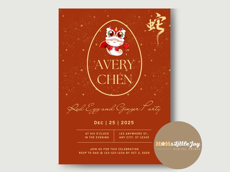 May include: A red and gold invitation for a "Red Egg and Ginger Party" with the name "Avery Chen" in a gold egg-shaped design. The invitation includes the date, time, and RSVP information.