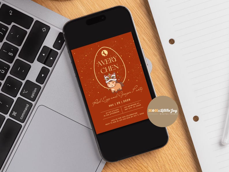 May include: A smartphone displays a digital invitation for a "Red Egg and Ginger Party." The invitation features an egg-shaped design with the name "Avery Chen" and a cartoon character. The background is a reddish-orange color.