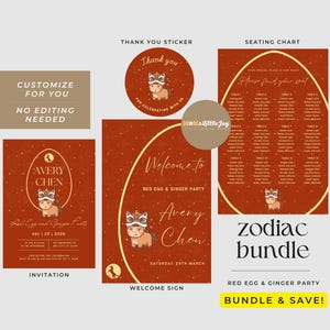 May include: A collection of red and gold party stationery, including an invitation, welcome sign, seating chart, and thank you sticker. Each item features a cartoon animal in a festive outfit. The text includes "Red Egg & Ginger Party" and "Zodiac Bundle".