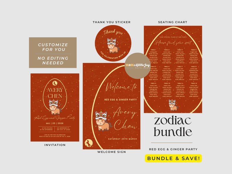 May include: A collection of red and gold party stationery, including an invitation, welcome sign, seating chart, and thank you sticker. Each item features a cartoon animal in a festive outfit. The text includes "Red Egg & Ginger Party" and "Zodiac Bundle".