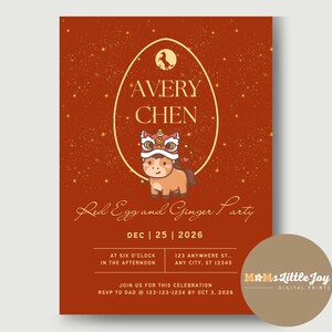 May include: A red invitation card with gold text and a cartoon horse wearing a lion dance costume. The text reads "Avery Chen" and "Red Egg and Ginger Party" with the date December 25, 2026. Additional details include time, address, and RSVP information.
