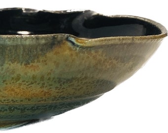 Abstract Porcelain Bowl with Green and Leopard Shino Glaze