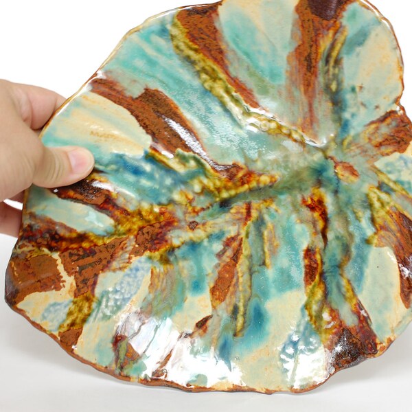 Fall Colors Turquoise and Brown Hand Formed Leaf Bowl