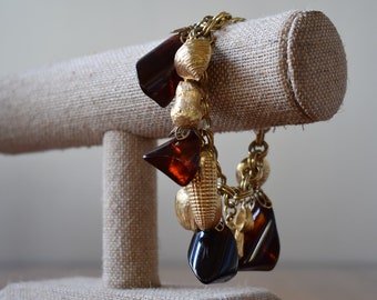 Vintage Fall Charm Bracelet - Gold Tone Fruits, Brown Lucite