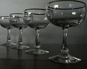 vintage platinum banded champagne coupes - Fostoria - Trousseau pattern - long stems - set of four - toasting glasses - vintage shower gift