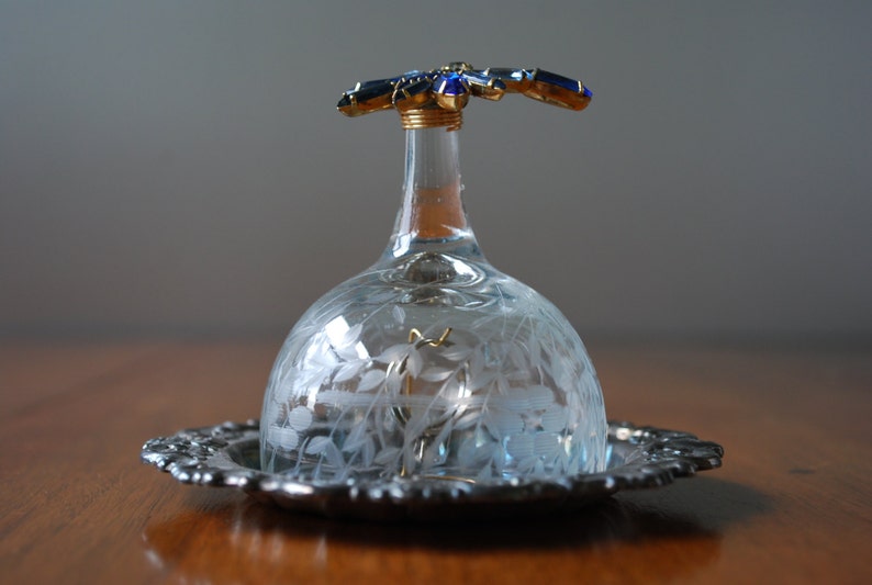 Jewelry Holder Garden Wedding Blue Butterfly Rhinestone Embellished Cloche with Silver Base Upcycled Vintage Bridal Ring Bearer