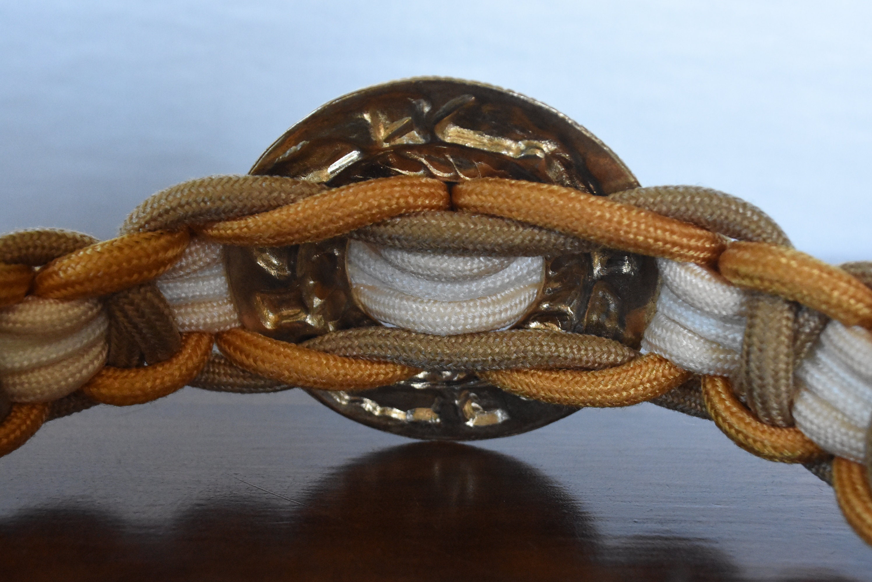 VINTAGE 80s Metallic Gold Bronze & Brown Braided Cord & Metal Medallion Tie Belt Vintage 1980s Braided Cord Belt With Gold Medallion, Size M  main image 2
