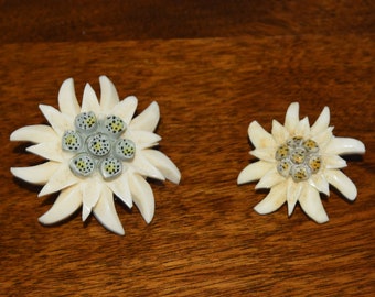 Vintage Celluloid Edelweiss Pins, 1940s Alpine Flower Brooches, Oktoberfest Jewelry