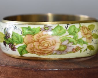 vintage floral decoupage brass bangle bracelet  - 1980's - Boho