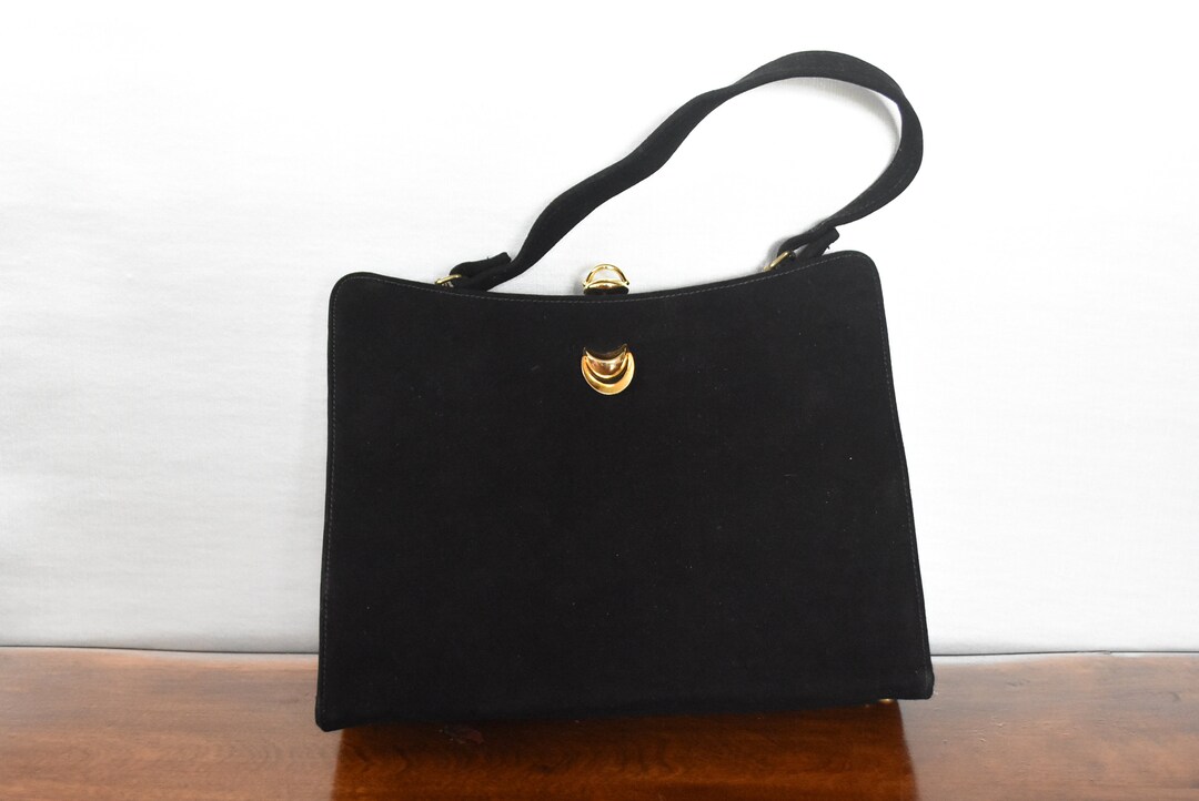 Vintage Black Suede Top Handle Purse 1960's Gold Embellishments Satin