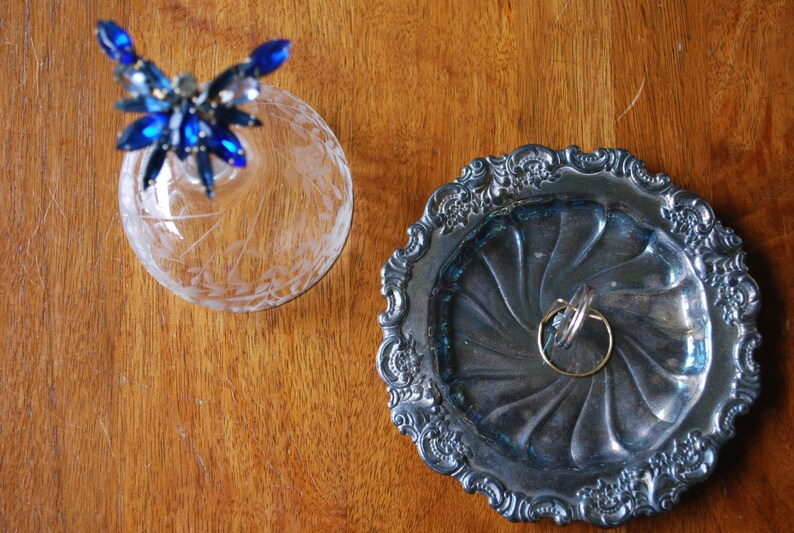Jewelry Holder Garden Wedding Blue Butterfly Rhinestone Embellished Cloche with Silver Base Upcycled Vintage Bridal Ring Bearer