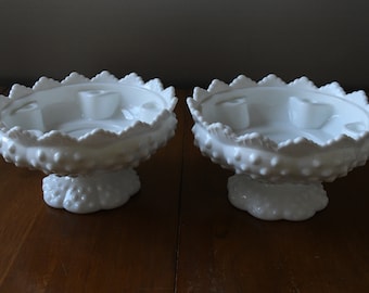 Vintage Pair of Fenton White Milk Glass Hobnail Multi Candle Holders - Flower Arranging - 1960's - Center Pieces - Bridal Gift