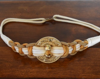 vintage 1980's braided cord medallion belt ~ size M/L ~ beige ~ gold ~ rust ~ brown ~ natural tones ~ back hook closure ~BOHO