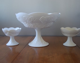 vintage compote and candleholder set - Indiana Glass - Harvest Grape pattern - milk glass - centerpiece -1960's shower present - bridal gift