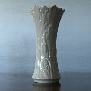 May include: A white ceramic vase with a textured, leafy design. The vase has a wide mouth and a narrow base.