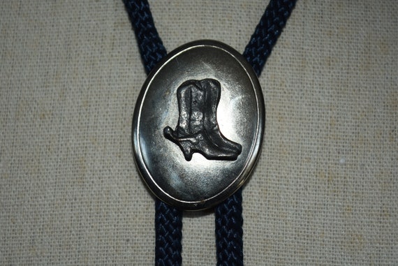 vintage cowboy boot bolo tie - silver tone on nav… - image 1