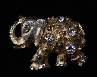 vintage elephant pin/ brooch - gold tone with clear rhinestones - 1980's
