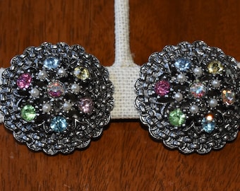 Vintage 1960s Clip On Earrings – Silvertone Basketweave, Fruit Salad Rhinestones