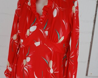 vintage red floral maxi gown - 1970's Jo Glo - size 12 - never worn - poppy red with beige and white tulips - retro