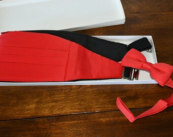 vintage lipstick red satin cummerbund and bow tie set ~ 1990's ~ formal wear ~ after five