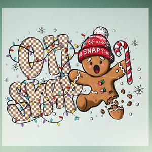 May include: A whimsical Christmas-themed graphic featuring a gingerbread man wearing a red hat and holding a candy cane. The words "OH SNAP" are displayed in a checkered pattern, surrounded by colorful lights and snowflakes.