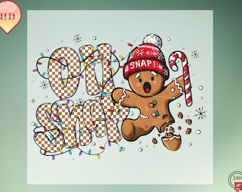 May include: A whimsical Christmas-themed graphic featuring a gingerbread man wearing a red hat and holding a candy cane. The words "OH SNAP" are displayed in a checkered pattern, surrounded by colorful lights and snowflakes.