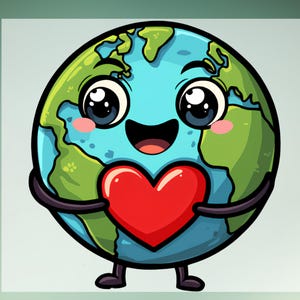 May include: A cartoon illustration of a smiling Earth holding a red heart. The Earth is blue and green with continents and oceans. The heart is red and has a white outline.