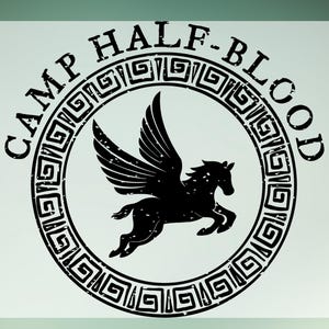 May include: Black graphic of a winged horse inside a circular frame with the words "CAMP HALF-BLOOD" in a distressed font. The design is on a light background with a gradient green and gray backdrop. The image includes a HD logo and a 24-hour delivery icon.