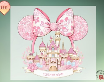 Pink Castle Minnie Ears DTF Transfer, Custom Disney Princess Bow