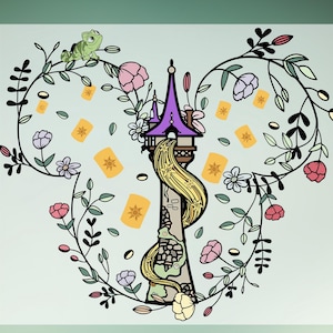May include: Illustration of a tower with Rapunzel's hair cascading down, surrounded by flowers, leaves, and floating lanterns. A green chameleon sits atop the floral arch. The tower has a purple roof.