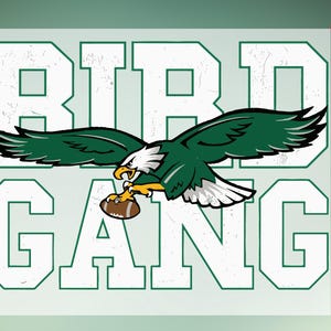 May include: Green and white graphic design with the text "BIRD GANG" and a green eagle holding a football.