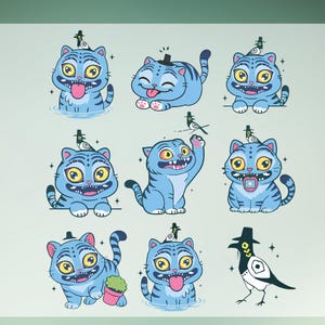 May include: A collection of cartoon illustrations featuring blue cats with yellow eyes, wearing hats and interacting with birds. The cats have various expressions, including sticking out their tongues and waving. One illustration shows a black and white bird with a hat.