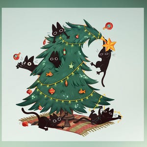 May include: Illustration of a decorated Christmas tree with black cats. The tree is adorned with ornaments, lights, and a star. Several cats are climbing and playing around the tree, creating a festive and playful scene.