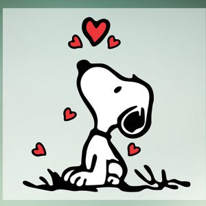 May include: A black and white cartoon illustration of Snoopy looking up at red hearts. Snoopy is sitting on a patch of grass with four red hearts floating above him. The image has a light green and white background.